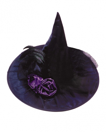 Schwarzer Hexenhut mit violetten Rosen u Federn