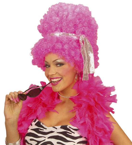 Party Disco Afro Perücke pink mit Haarband und Brille für Damen