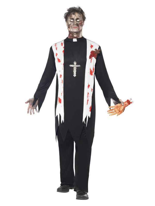 Horror Zombie Priester Pfarrer Halloween Kostüm schwarz-weiss-rot