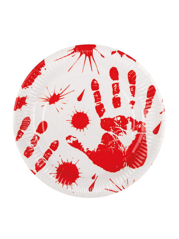 Blutige Handabdrücke Halloween-Pappteller 23cm 6er-Set weiss-rot