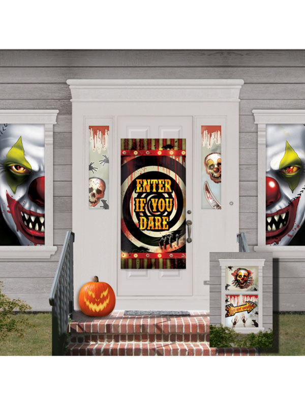 Horror-Clown Haus-Deko Set Halloween-Party schwarz-bunt 82x165cm