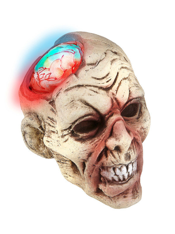 Zombie-Schädel mit leuchtendem Gehirn Halloween-Party-Deko beige-rot 21x17x16cm