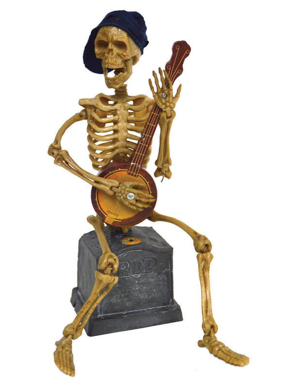 Grusel Skelett mit Banjo animiert mit Sound und Leuchtaugen Halloween-Deko beige-braun 30cm