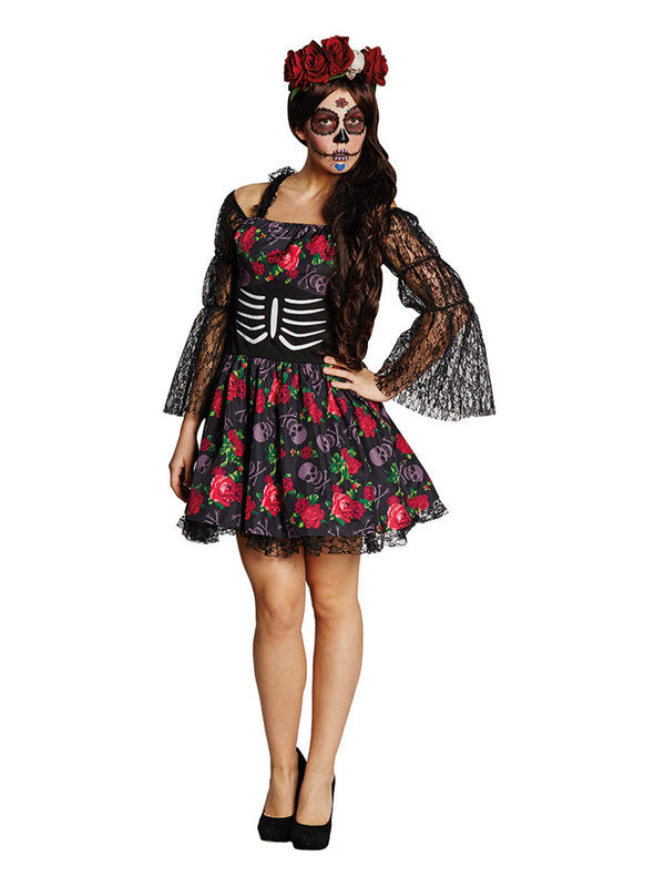 Tag der Toten Skelett Halloween Damenkostüm schwarz-bunt