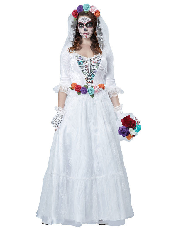 Day of the Dead Skelett-Braut Halloweenkostüm weiss-bunt