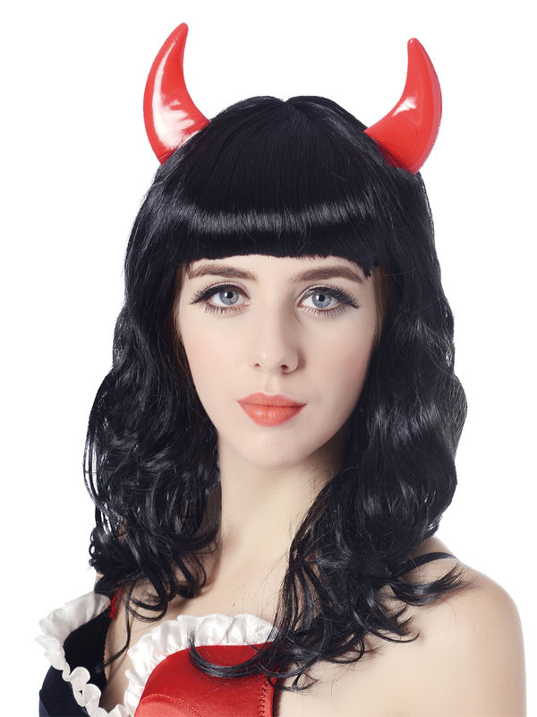 Böse Teufelin Halloween-Perücke mit Hörnern schwarz-rot