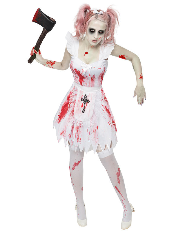 Zombie Brautjungfer Halloween Damenkostüm weiss-rot-schwarz