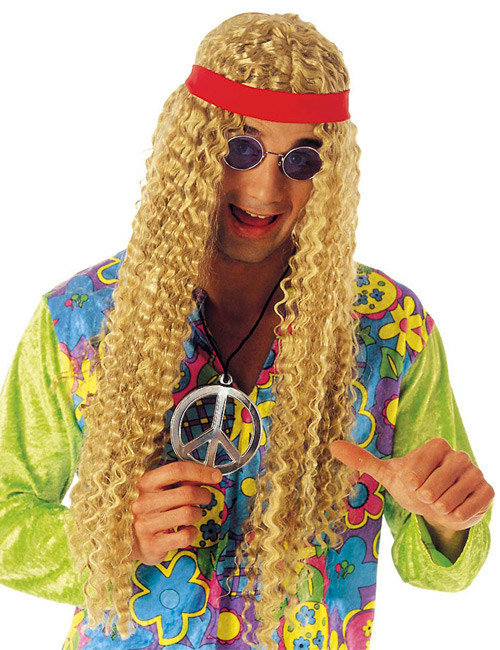 Hippie Perücke gelockt mit Stirnband blond