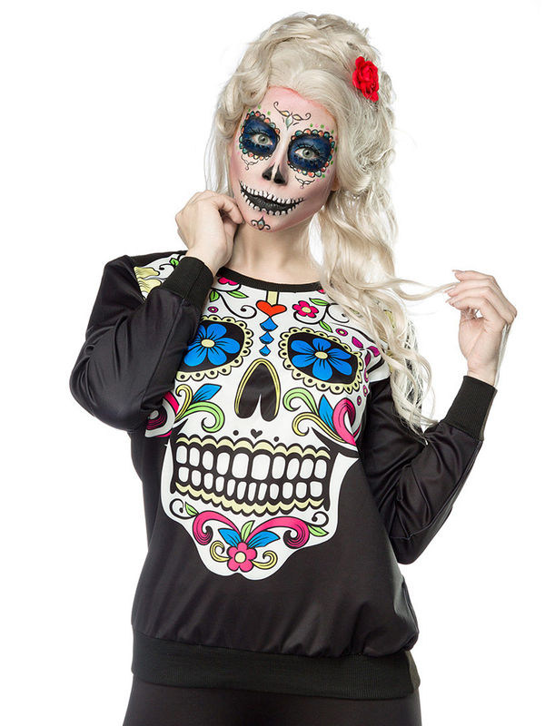 Dia de los Muertos Halloween Sweatshirt Sugar Skull schwarz-bunt