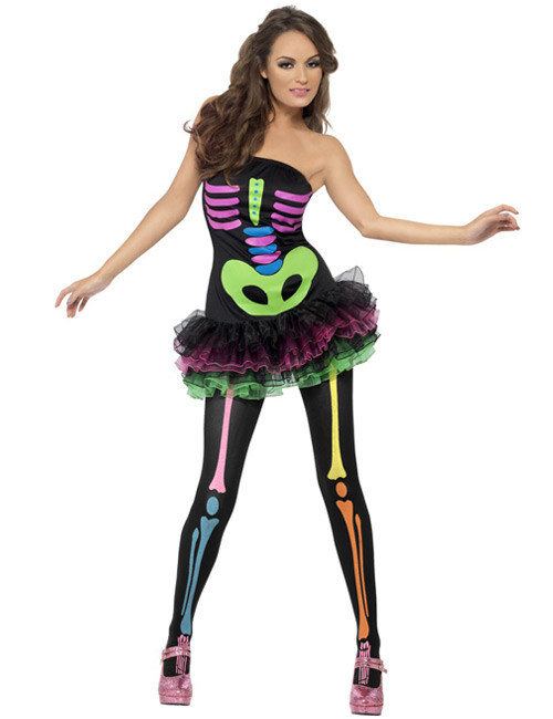 Neon Skelett Halloween Damenkostüm schwarz-bunt