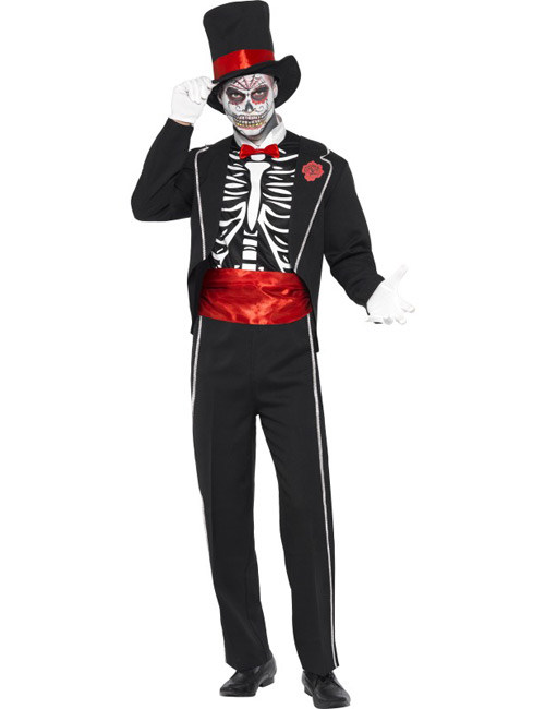 Skelett im Frack Halloween Kostüm schwarz-weiss-rot