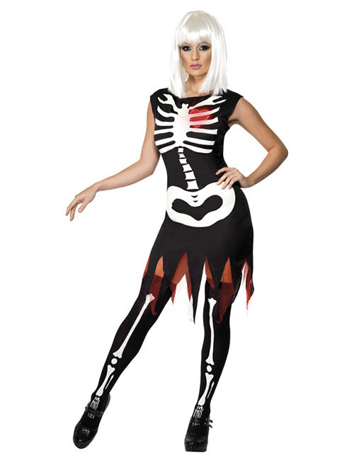 Nachtleuchtendes Knochen Skelett Halloween Damenkostüm schwarz-weiss