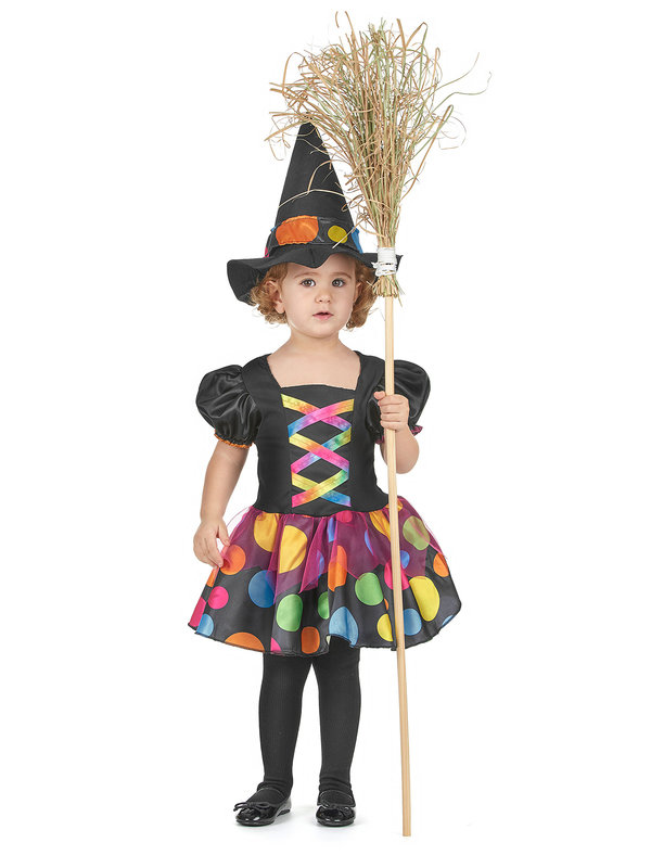 Kleine Hexe-Kinderkostüm Halloween schwarz-bunt
