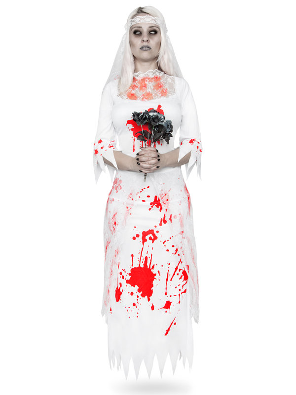 Geister-Braut Halloween-Damenkostüm Zombie weiss-rot