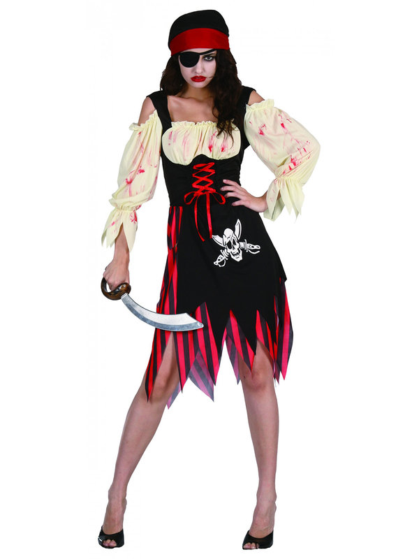 Zombie-Piratin Halloween Damenkostüm schwarz-rot-beige