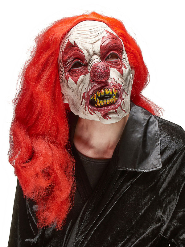 Horrorclown-Maske mit langen Haaren Psychoclown-Latexmaske weiss-rot-gelb