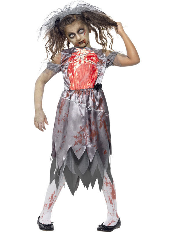 Zombie Braut Halloween Kinderkostüm grau-rot