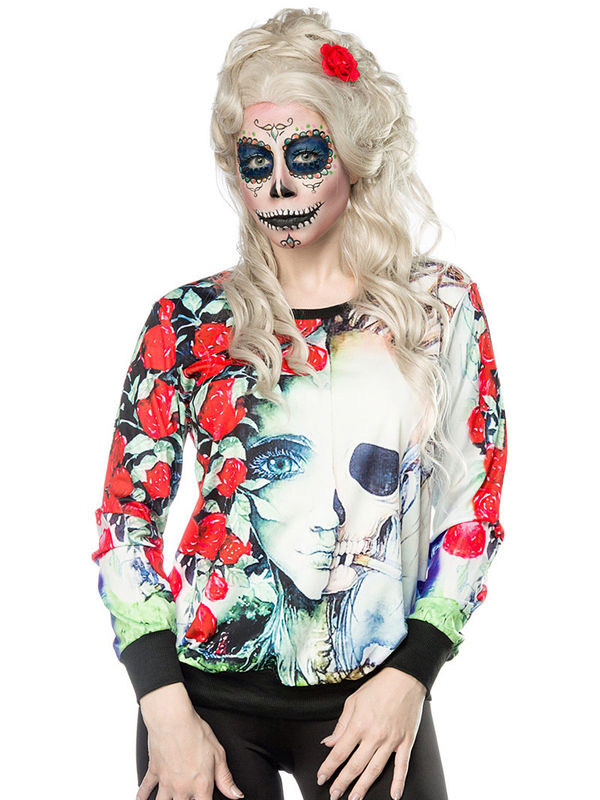 Geister-Dame mit Rosen Halloween Sweatshirt Skull schwarz-bunt