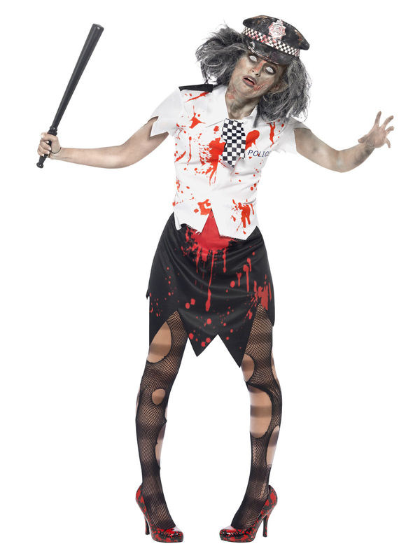 Zombie Polizistin Halloween Damenkostüm schwarz-weiss-rot