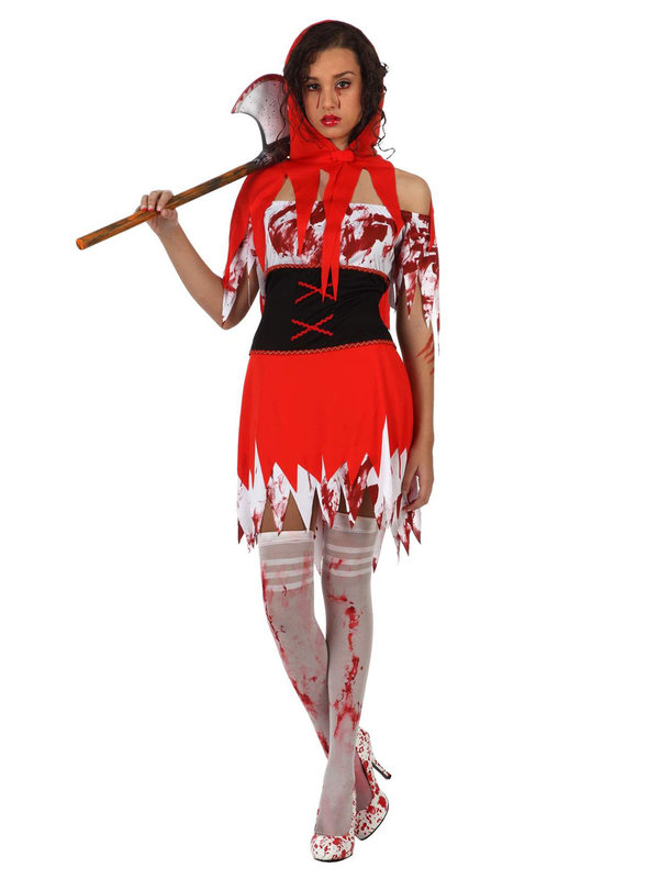 Blutverschmiertes Rotkäppchen Halloween-Damenkostüm rot-weiss-schwarz