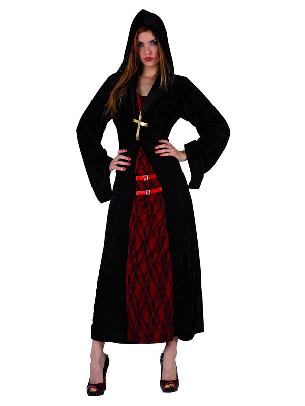 Düstere Nonne Halloween-Damenkostüm schwarz-rot-gold
