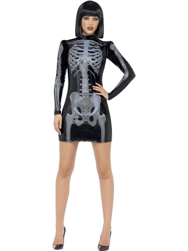 3D Skelett-Kleid Halloween Damenkostüm schwarz-grau