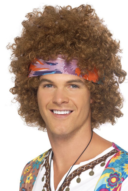 Hippie Afro Perücke braun mit Stirnband
